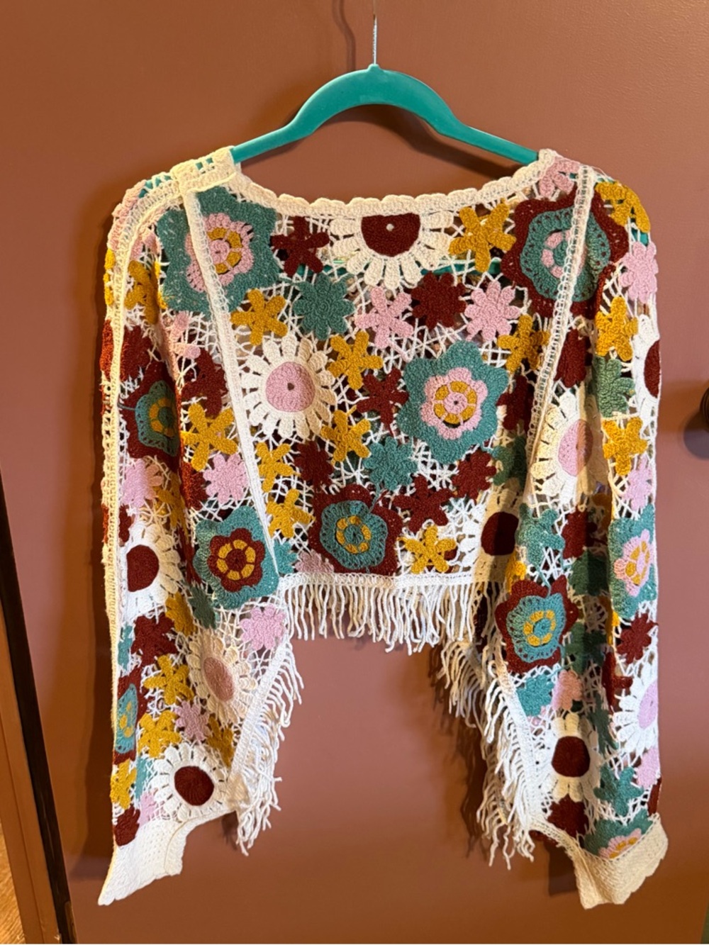 House of Harlow Crochet Floral Fringe Cardigan Sweater - One Size